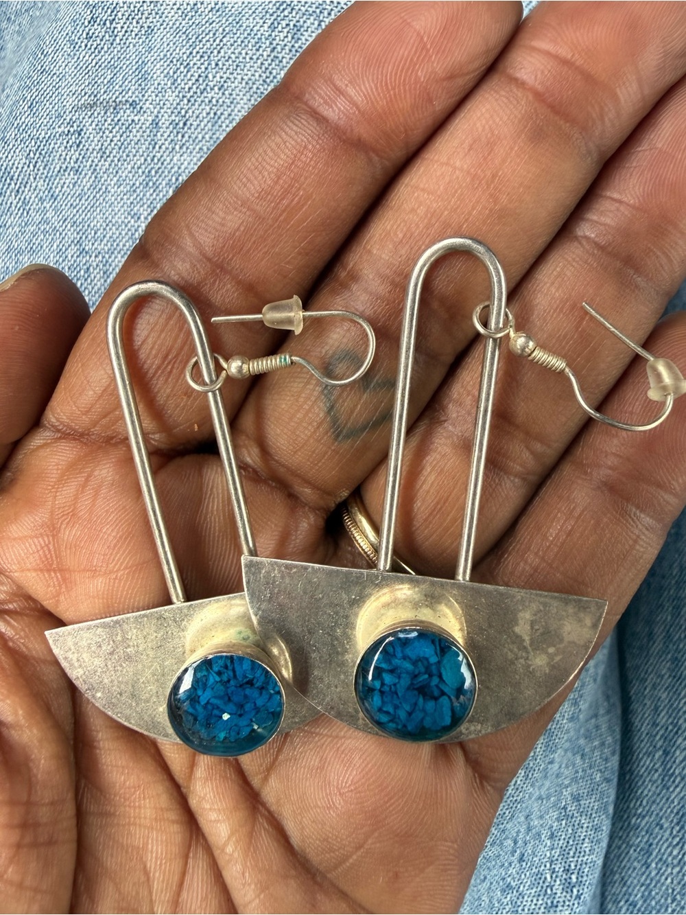 Source Unknown Silver Drop Earrings with Turquoise Blue Inlay
